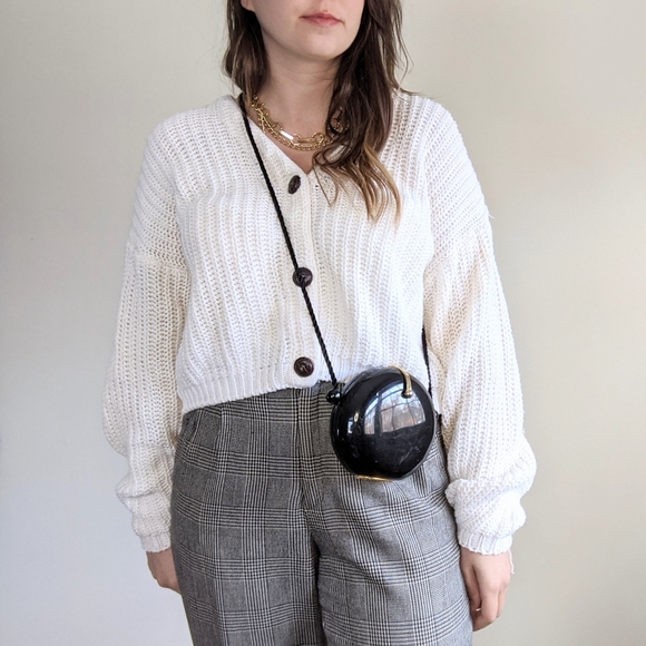 Vintage Handbags - Vtg 70s Black Disco Hard Clam Shell Round Purse